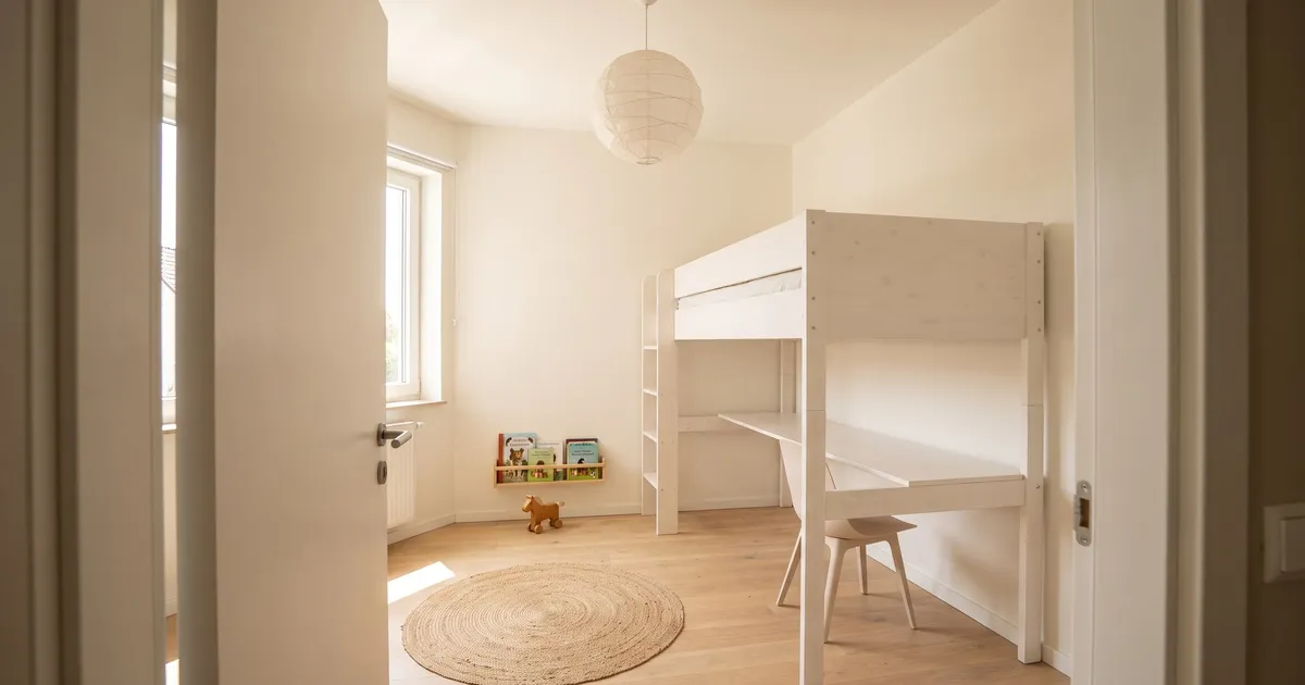 Symbolbild (KI-generiert): kleines Kinderzimmer mit weißem Hochbett, darunter Schreibtisch und Regal, Tageslicht vom Fenster