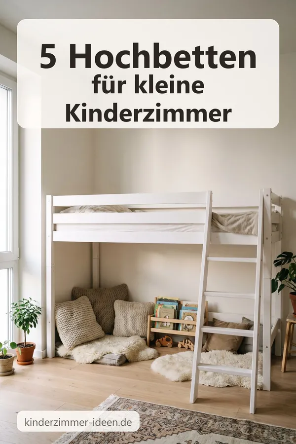 Pin (KI-generiertes Symbolbild): 5 Hochbetten für kleine Kinderzimmer – weißes Hochbett mit Kuschelecke darunter