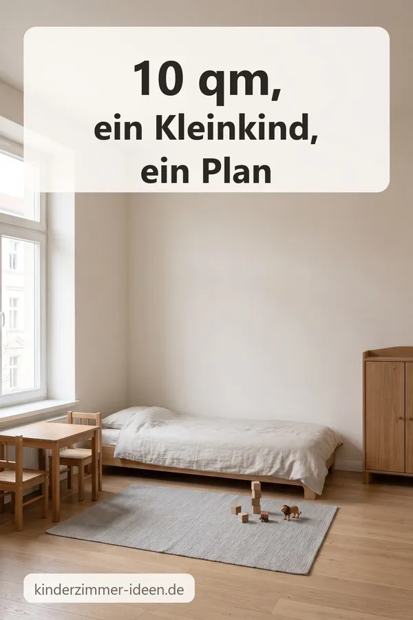Pin (KI-generiertes Symbolbild): 10 qm, ein Kleinkind, ein Plan – Bodenbett, Kindertisch und Teppich in einem kleinen Zimmer