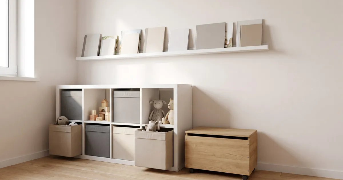Symbolbild (KI-generiert): Kinderzimmerecke mit niedrigem Regal, Stoffboxen und einer Bücherleiste an der Wand