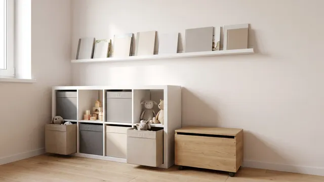 Symbolbild (KI-generiert): Kinderzimmerecke mit niedrigem Regal, Stoffboxen und einer Bücherleiste an der Wand