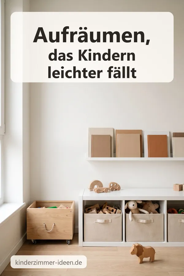 Pin (KI-generiertes Symbolbild): Aufräumen, das Kindern leichter fällt – niedriges Regal mit Boxen und Rollkiste